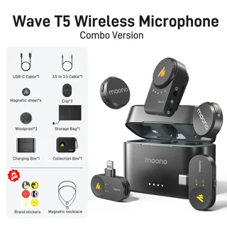 میکروفون یقه ای بی سیم Maono Wave T5 - ست دو نفره مخصوص موبایل و دوربین